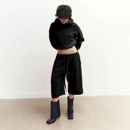 Womens Hooded Long-Sleeve Top And Elastic-Waist Shorts Set