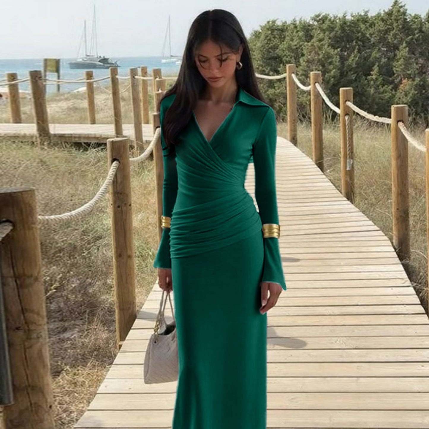 Womens Elegant Waist-cinching V-neck Long-sleeve Dress