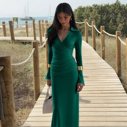 Womens Elegant Waist-cinching V-neck Long-sleeve Dress