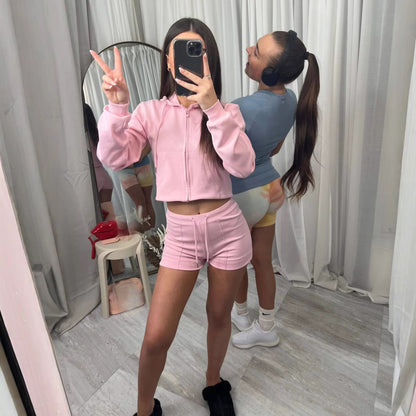 Womens Hooded Oversized Pocket Sweatshirt And Shorts Two-Piece Set