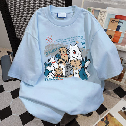 Womens Summer Short-Sleeve Cotton T-Shirt With Puppy Print