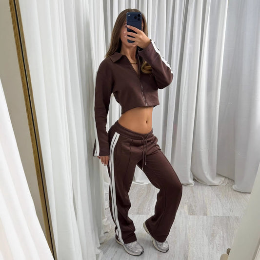 Womens Casual Sportswear Set Sweatpants And A Lapel-top Blouse