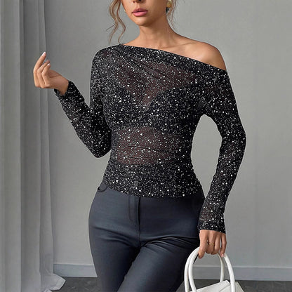 Chiffon Rhinestone-embellished Off-shoulder Long-sleeve Top