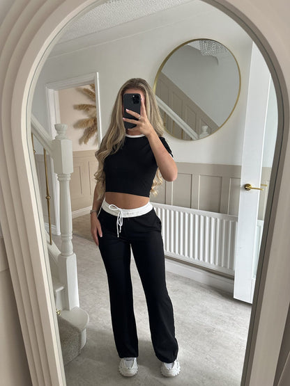 Womens Short-Sleeve Drawstring Wide-Leg Pants Two-Piece Set