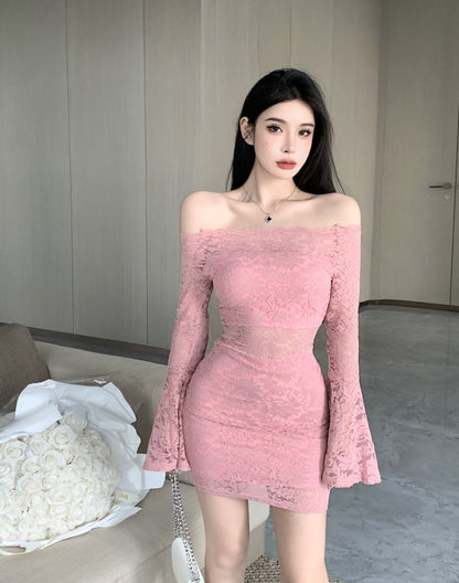 Womens Off-shoulder Cutout Form-fitting Long-sleeve Dress