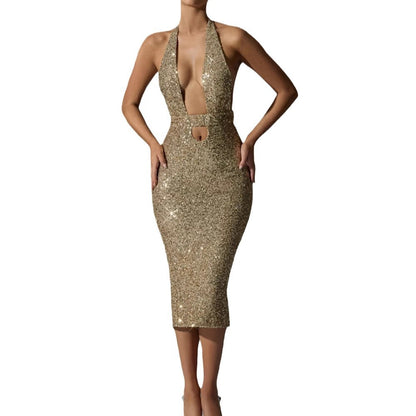 Deep-V Halter Sequin Bodycon Hollow-Out Dress