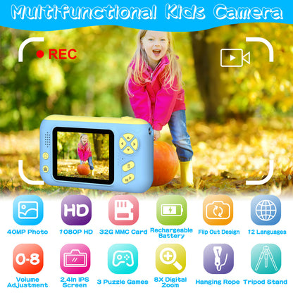 1Pc Kids Digital Camera With Flip Lens Children Video Camcorder Christmas Toy Birthday Gifts With Tripod 2.4in Screen 32G MMC Card For 3-10 Year Old Boys Girls