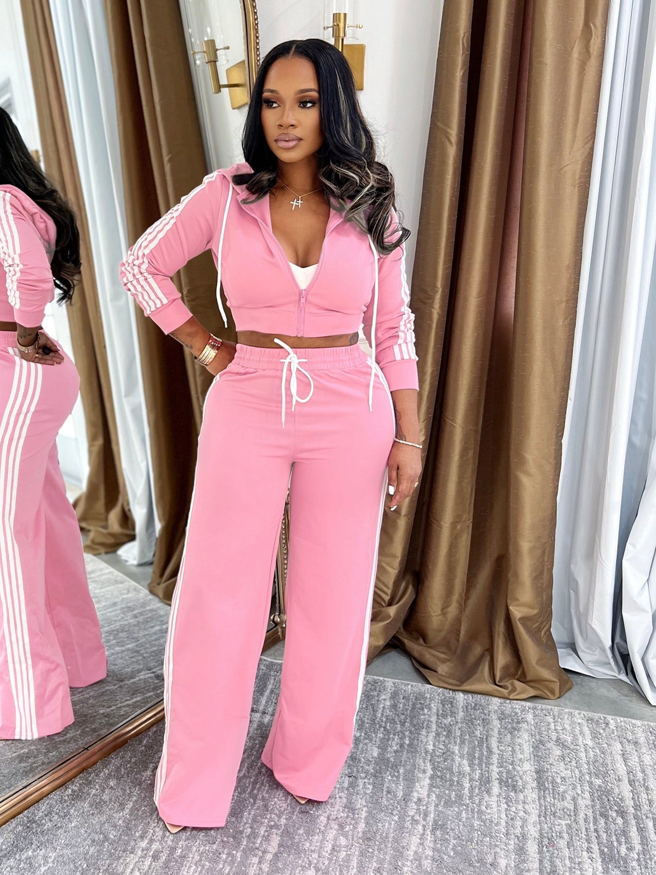 Womens Fashionable Casual Striped Outerwear Set