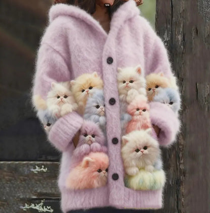 Casual 3D Printed Animal Cat Hooded Cape Jacket Cardigan