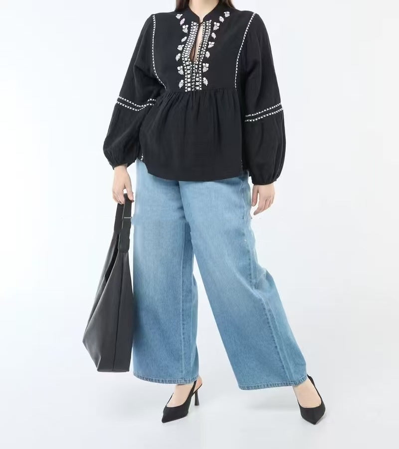 Womens Loose-Fit Long-Sleeve Plus-Size Shirt