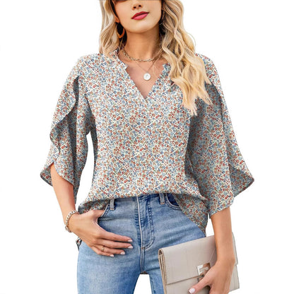 Womens Loose V-neck Chiffon Top With Floral Petal Print