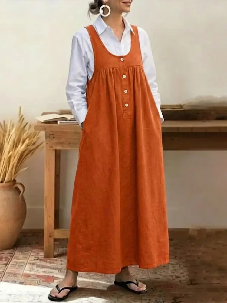 Buttoned Suspender Sleeveless Loose Casual Dress