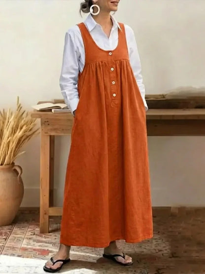 Buttoned Suspender Sleeveless Loose Casual Dress