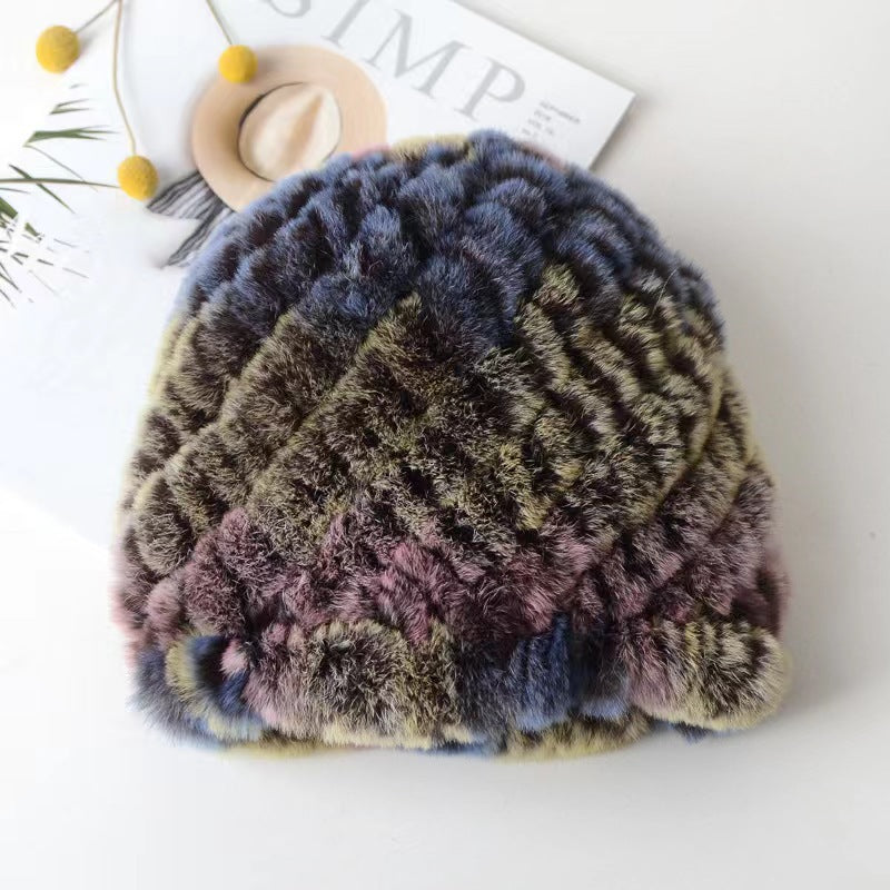 Womens Rex Rabbit Fur Knitted Spiral Pineapple Hat