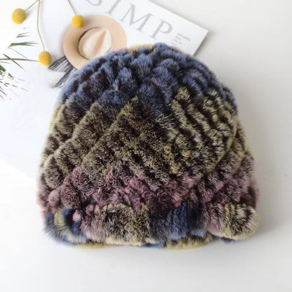 Womens Rex Rabbit Fur Knitted Spiral Pineapple Hat