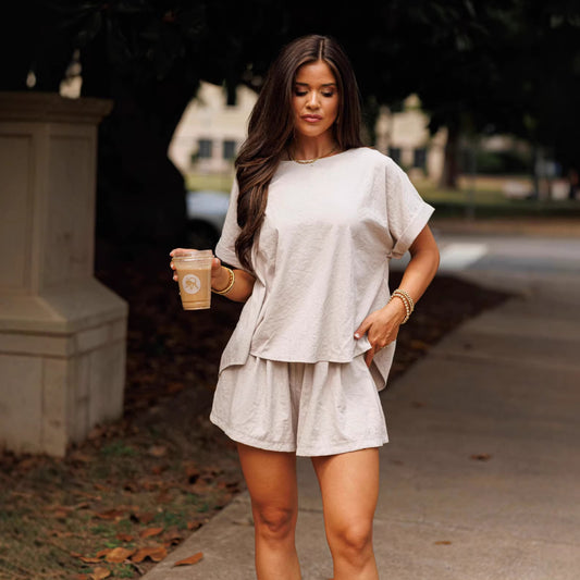 Solid-color Crew-neck Short-sleeve Shorts Two-piece Set