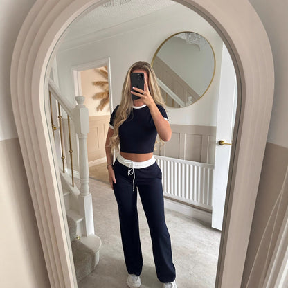 Womens Short-Sleeve Drawstring Wide-Leg Pants Two-Piece Set