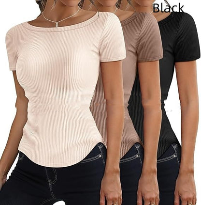 Womens Short-Sleeve Rib-Knit Slim-Fit T-Shirt