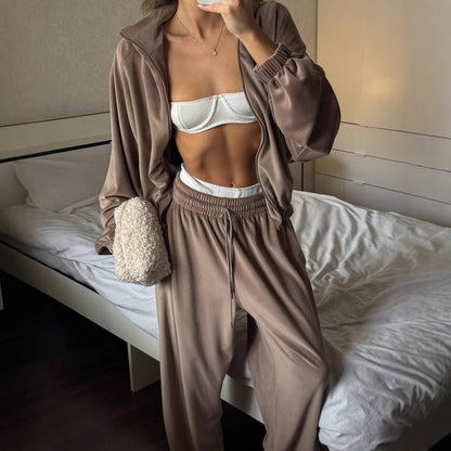 Womens Long-Sleeve Zip-Up Cardigan Jacket And Sweatpants Two-Piece Set