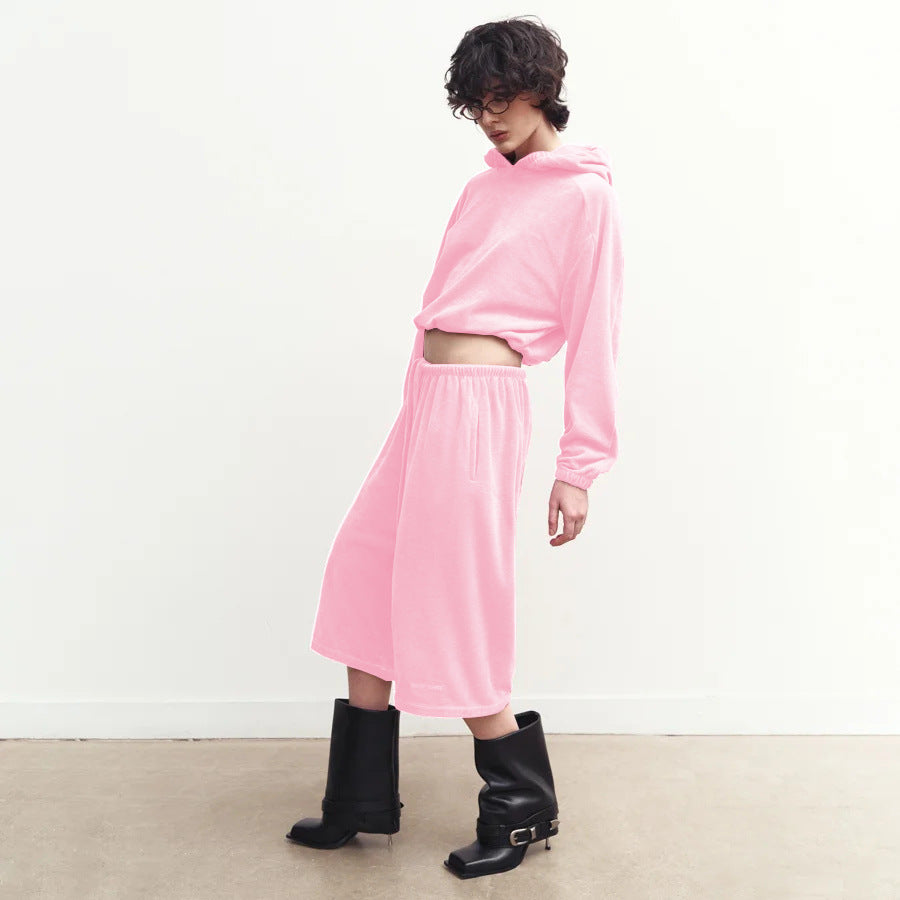 Womens Hooded Long-Sleeve Top And Elastic-Waist Shorts Set