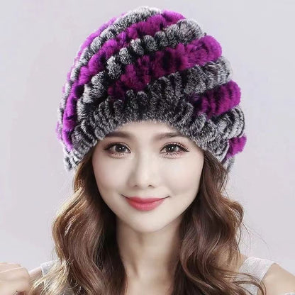 Womens Rex Rabbit Fur Knitted Spiral Pineapple Hat