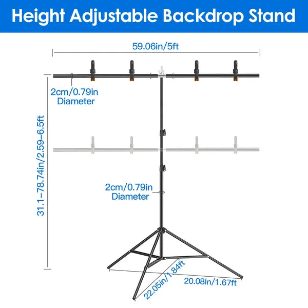 5×6.5FT T-Shape Photo Video Backdrop Stand Heavy Duty Background Stand Adjustable Photography Backdrop Stand With 6 Spring Clamps Sandbag Carry Bag For Studio Party Wedding