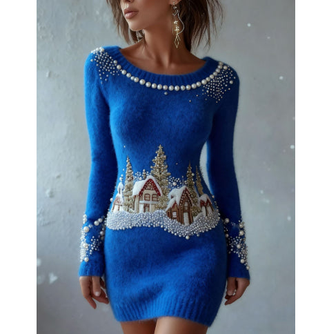 Womens Printed Fitted Bodycon Sweater Dress