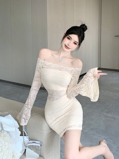 Womens Off-shoulder Cutout Form-fitting Long-sleeve Dress