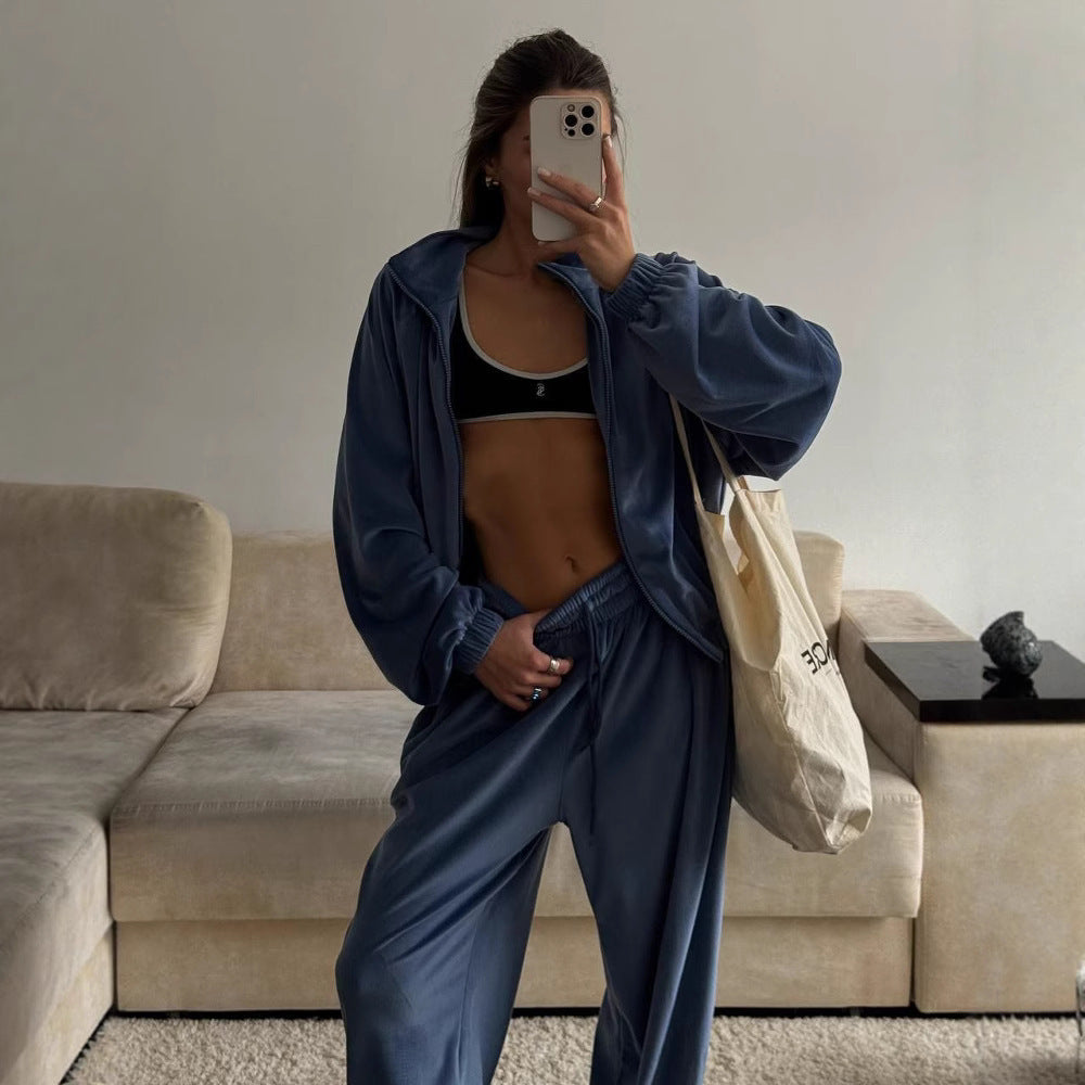 Womens Long-Sleeve Zip-Up Cardigan Jacket And Sweatpants Two-Piece Set