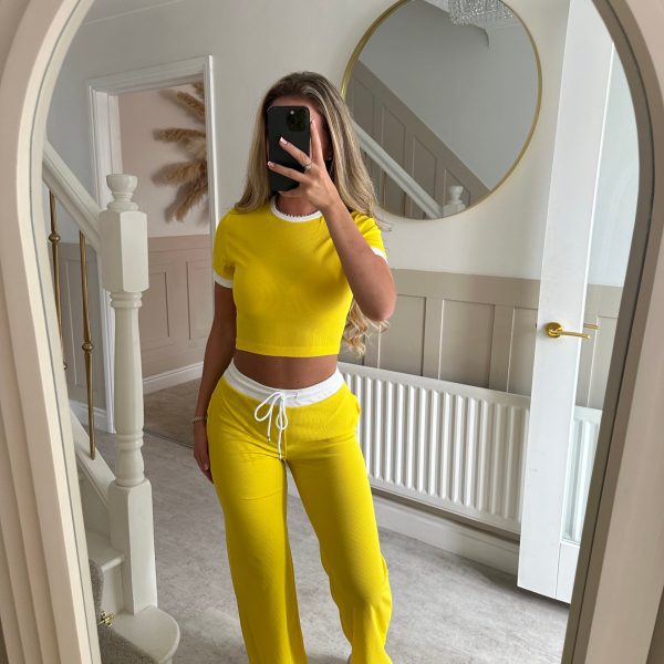 Womens Short-Sleeve Drawstring Wide-Leg Pants Two-Piece Set