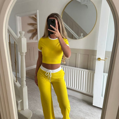 Womens Short-Sleeve Drawstring Wide-Leg Pants Two-Piece Set