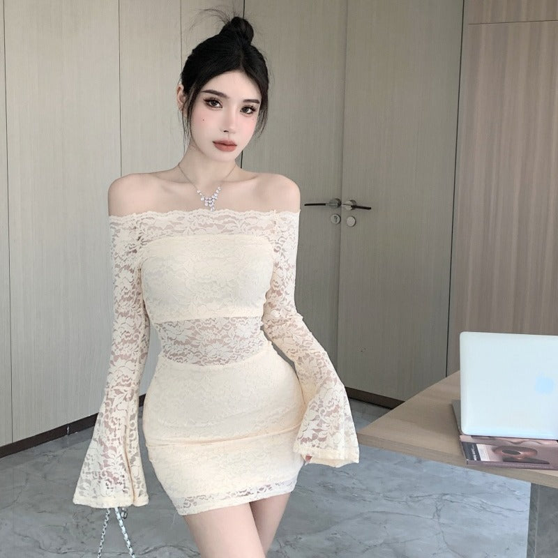 Womens Off-shoulder Cutout Form-fitting Long-sleeve Dress