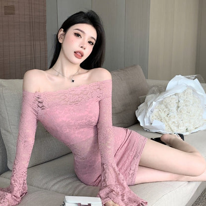 Womens Off-shoulder Cutout Form-fitting Long-sleeve Dress