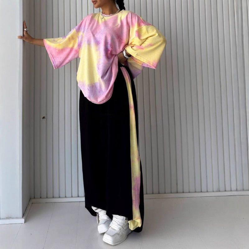 Womens Short-Sleeve Crew-Neck Tie-Dye T-Shirt And Pants Set