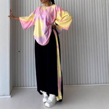 Womens Short-Sleeve Crew-Neck Tie-Dye T-Shirt And Pants Set