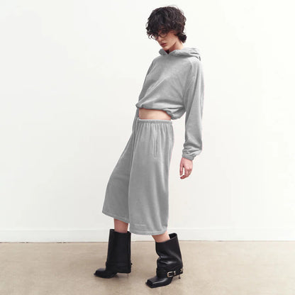 Womens Hooded Long-Sleeve Top And Elastic-Waist Shorts Set