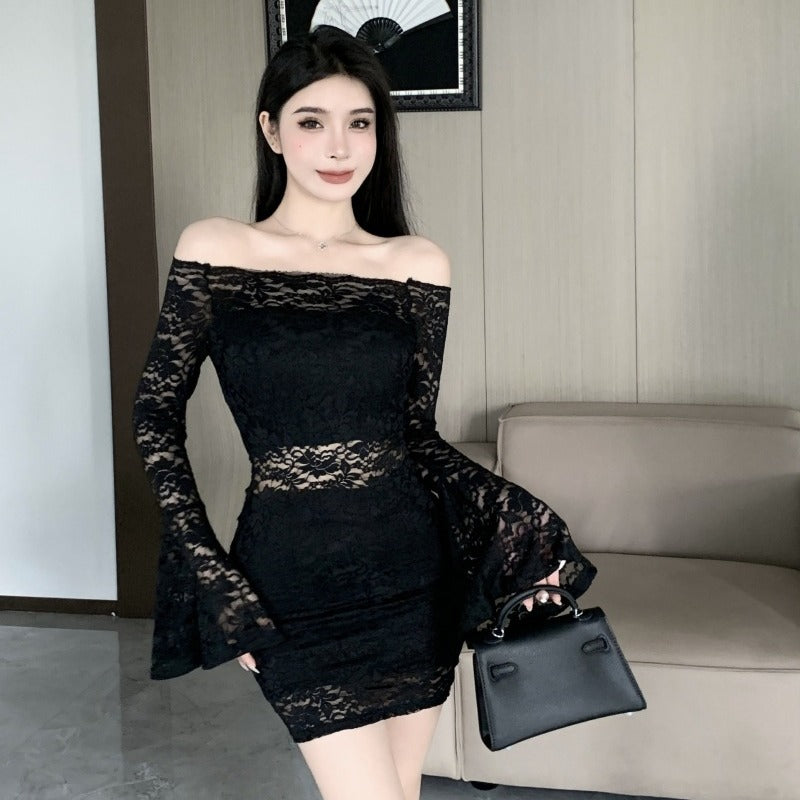 Womens Off-shoulder Cutout Form-fitting Long-sleeve Dress