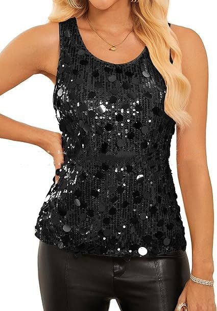 Womens Sequin Top Sleeveless Shiny Casual Tank Top