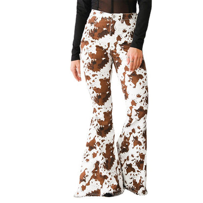 Womens Denim Floral Brown High-Waisted Flared Pants