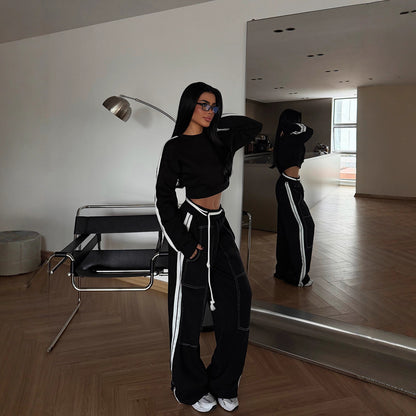 Womens Sportswear Set Crew-neck Long-sleeve Top And Pants