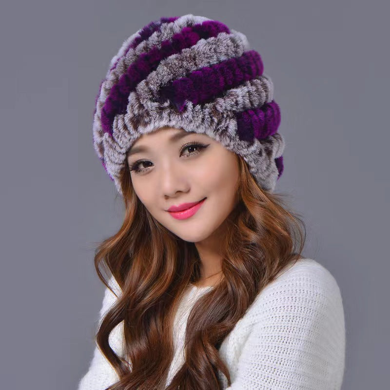 Womens Rex Rabbit Fur Knitted Spiral Pineapple Hat