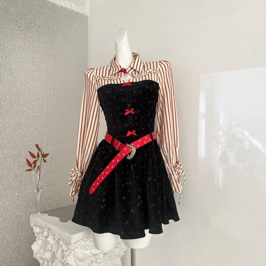 Women's Y2K Hot Girl Dress Polka Dot Shirt Paneled Velvet Bodycon Mini Dress