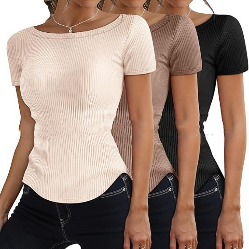 Womens Short-Sleeve Rib-Knit Slim-Fit T-Shirt