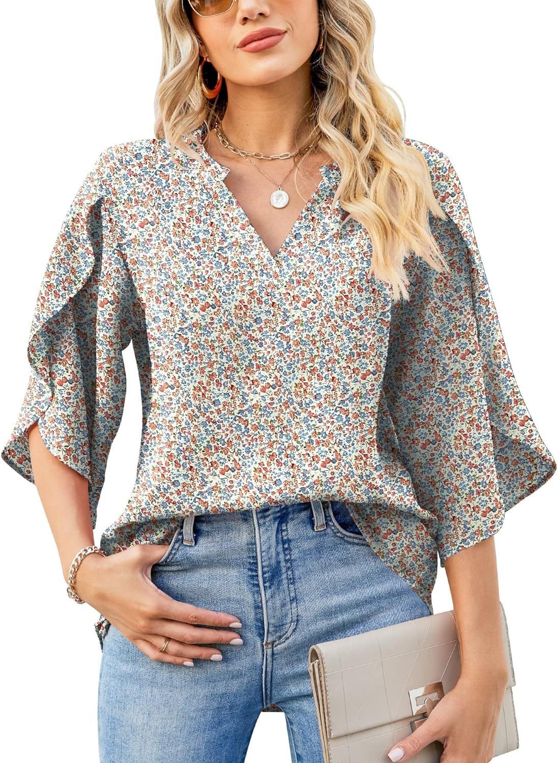 Womens Loose V-neck Chiffon Top With Floral Petal Print