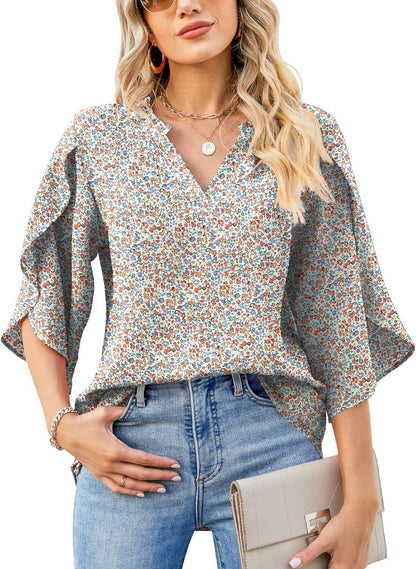Womens Loose V-neck Chiffon Top With Floral Petal Print