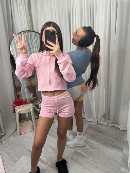 Womens Hooded Oversized Pocket Sweatshirt And Shorts Two-Piece Set