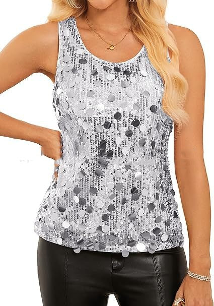 Womens Sequin Top Sleeveless Shiny Casual Tank Top