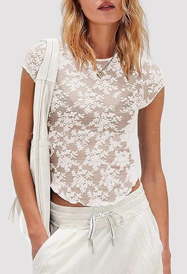 Womens Short-Sleeve Mesh See-Through Lace Top