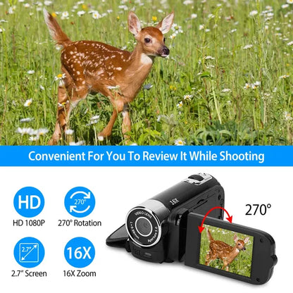 HD 1080P Digital Video Camcorder 2.7in 16X Zoom DV Camera 270° Rotation Rechargeable Kid Camera W/Fill Light Selfie GPCT2659