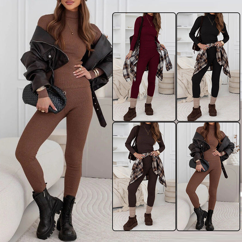Turtleneck Form-fitting Pullover And Leggings Set